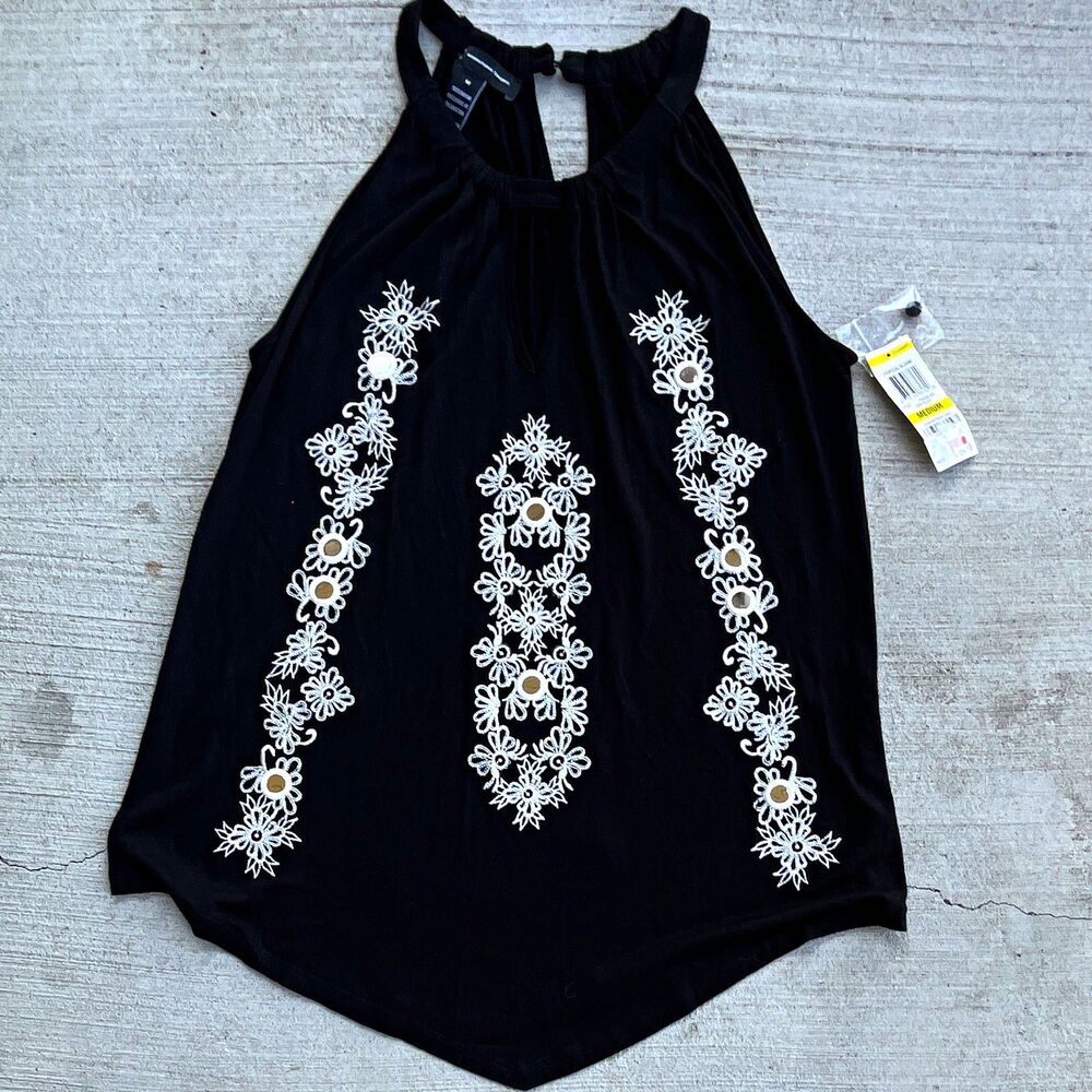 INC Tank Top Womens Medium Black Halter Embroidery Boho Festival Mirror